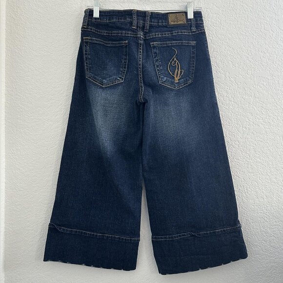 Baby Phat Jeans Juniors 7 Wide Leg Crop Dark Wash Denim Cat Logo Distressed Y2K - Picture 9 of 16